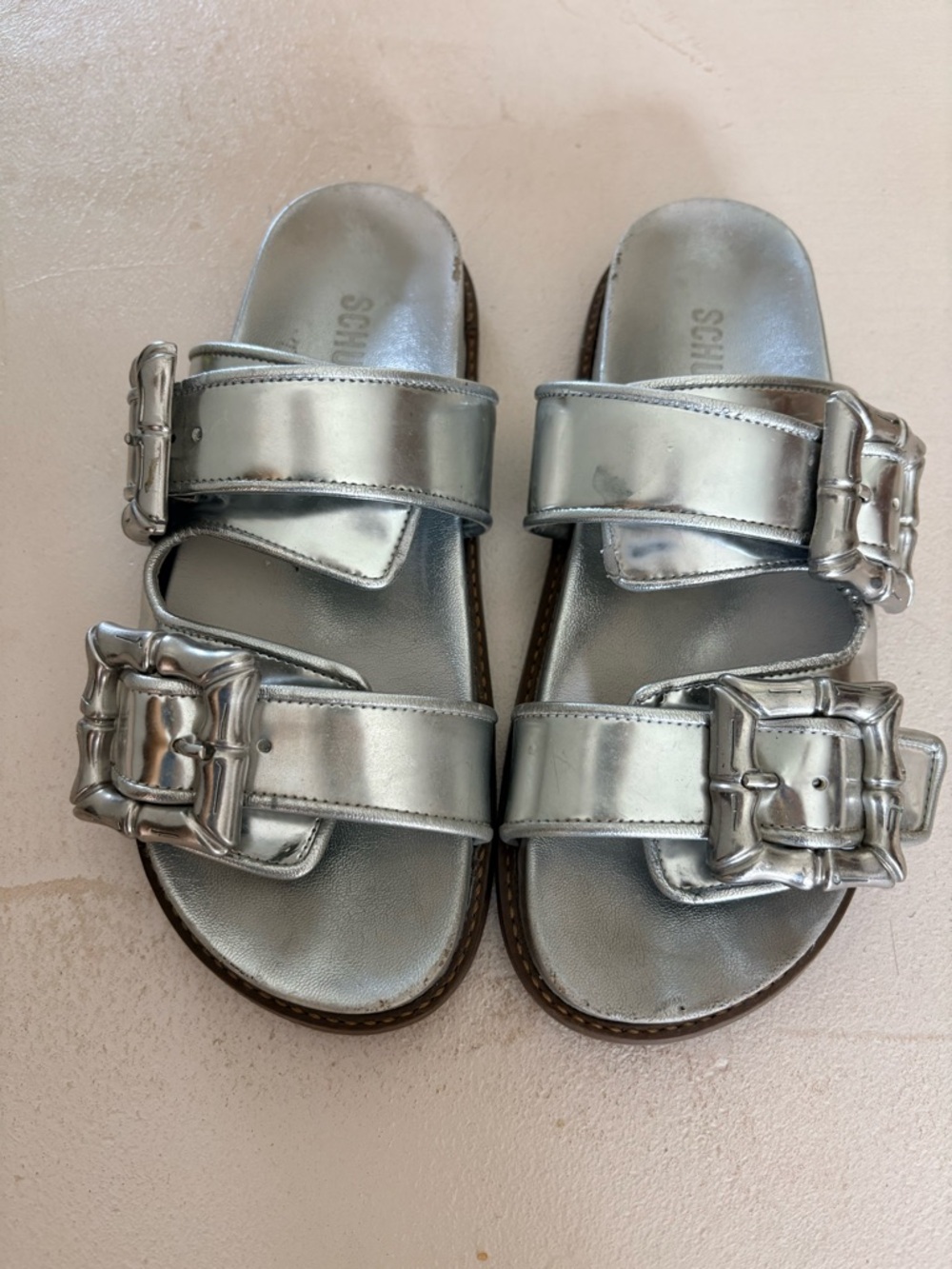 SCHUTZ Silver Double Buckle Slide Sandals